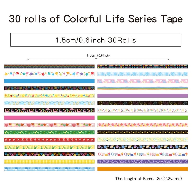icceemee 30 Rolls Colorful Theme Washi Tape Set with Different Colorful Patterns, Writable Decorative Tapes for Scrapbooking, Junk Journal Supplies, Bullet Journaling, 0.6'' x 79'' per Roll - Image 2